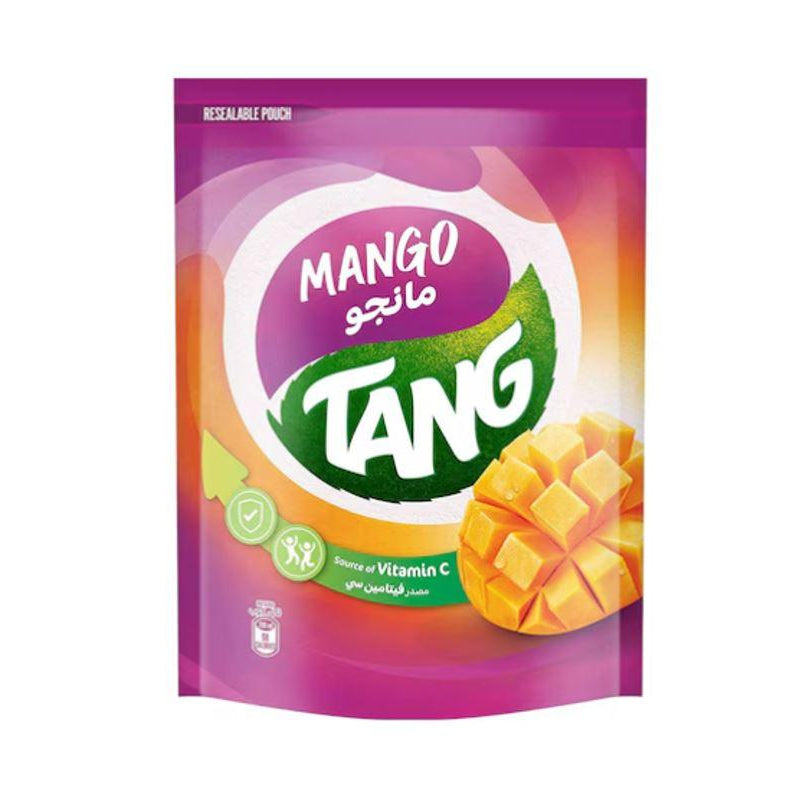 Mango-flavored Tang powder packet on a white background