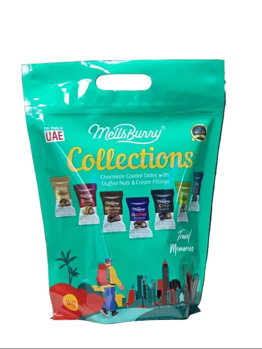 A teal stand-up pouch of MillsBurrry Collections chocolate coated dates with stuffed nuts and cream filling, displayed on a white surface against a dark wood-paneled background with large white letters.