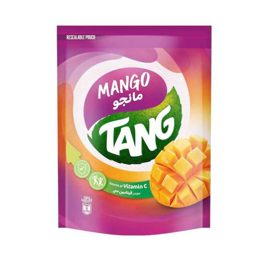 Mango-flavored Tang powder packet on a white background
